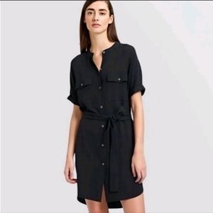 THEORY Black Rosina Crepe Belted Cargo Short Sleeved Shirt Dress